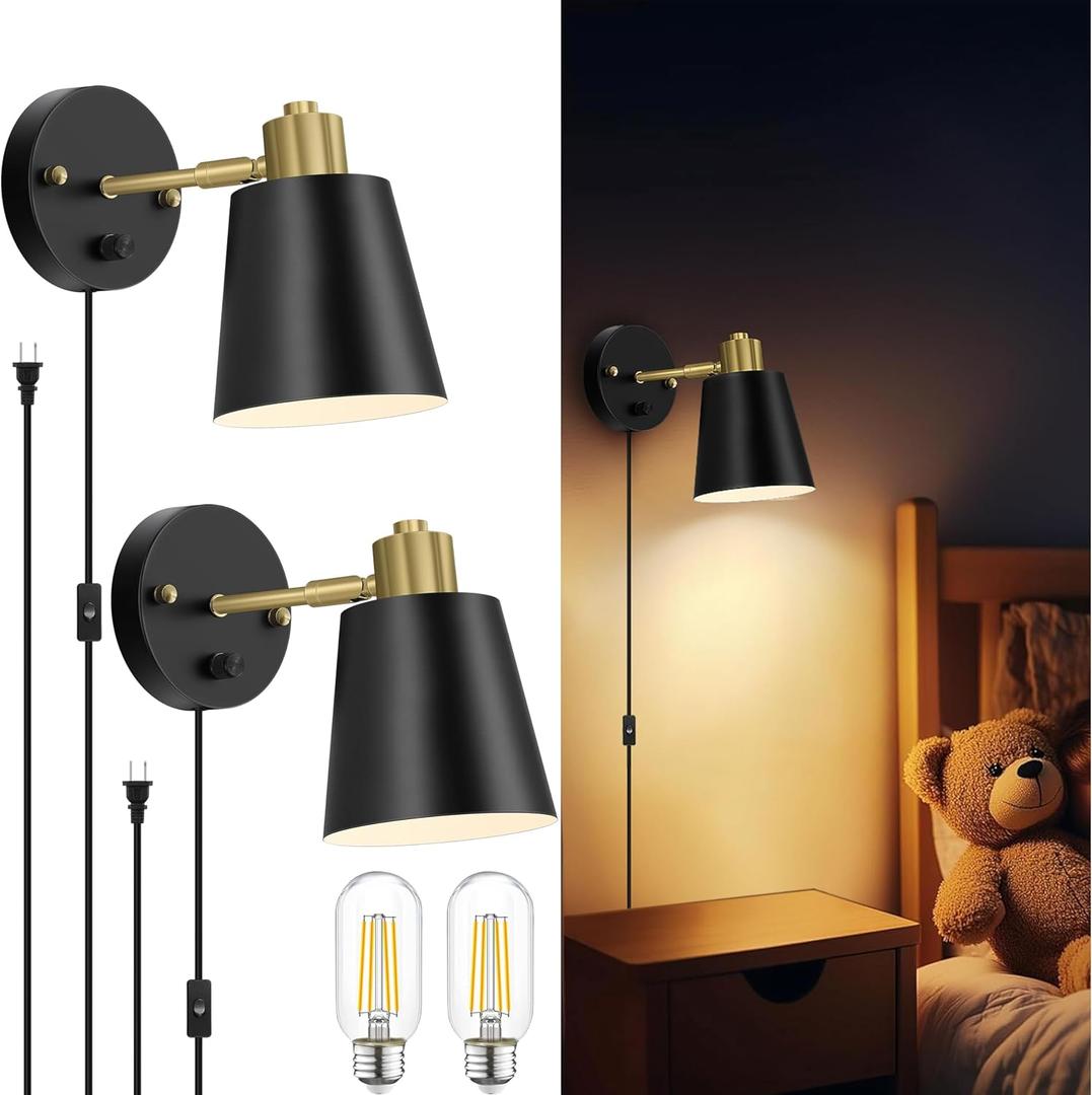 Plug in Wall Sconces Set of 2, Dimmable Wall Lights with Plug in Cord and Dimmer On/Off Knob Switch, Adjustable Angle Black Wall Mounted Lamp for Bedside Bedroom Living Room (2 Bulbs Included)