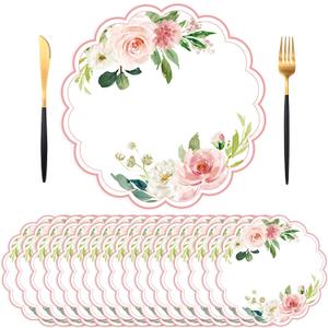 50 Pack Paper Placemats Disposable Pink Floral Placemat 13.7 Inch Rose Floral Round Place Mats Spring Summer Table Mats for Mother's Day Wedding Baby Show Party Supplies Banquet Table Settings