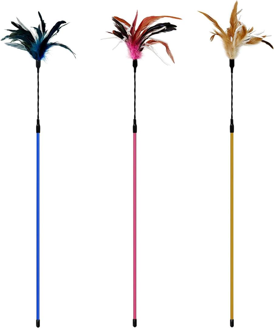 TTcat 3 PCS 22.8 Extra Long Cat Wand Toys Natural Feather Teaser Stick Toys,Interactive Toys for Indoor Cat and Kitten.