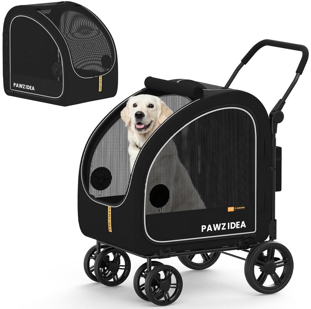 PAWZIDEA Dog Stroller for Large Dogs, Pet Stroller with Detachable Carrier for Portable Dog Crate for Car Seat, Foldable Dogs Jogger Strollers, All Terrain 9 Wheels, Adjustable Handle, Storage Bag (Black Warrior, Detachable)