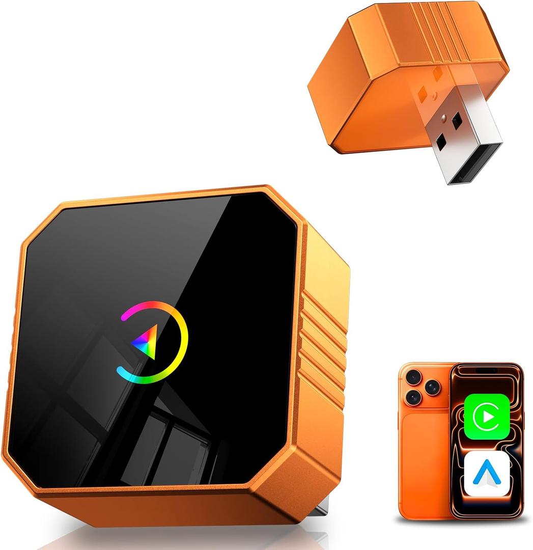 2026 Upgrade Mini Wireless CarPlay Adapter for CarPlay & Android Auto, Plug & Play, Fast, Auto Connect, No Latency 2in1 Car Play Wireless Adapter for iPhone iOS 10+ Android 11+ Information Display (Orange)