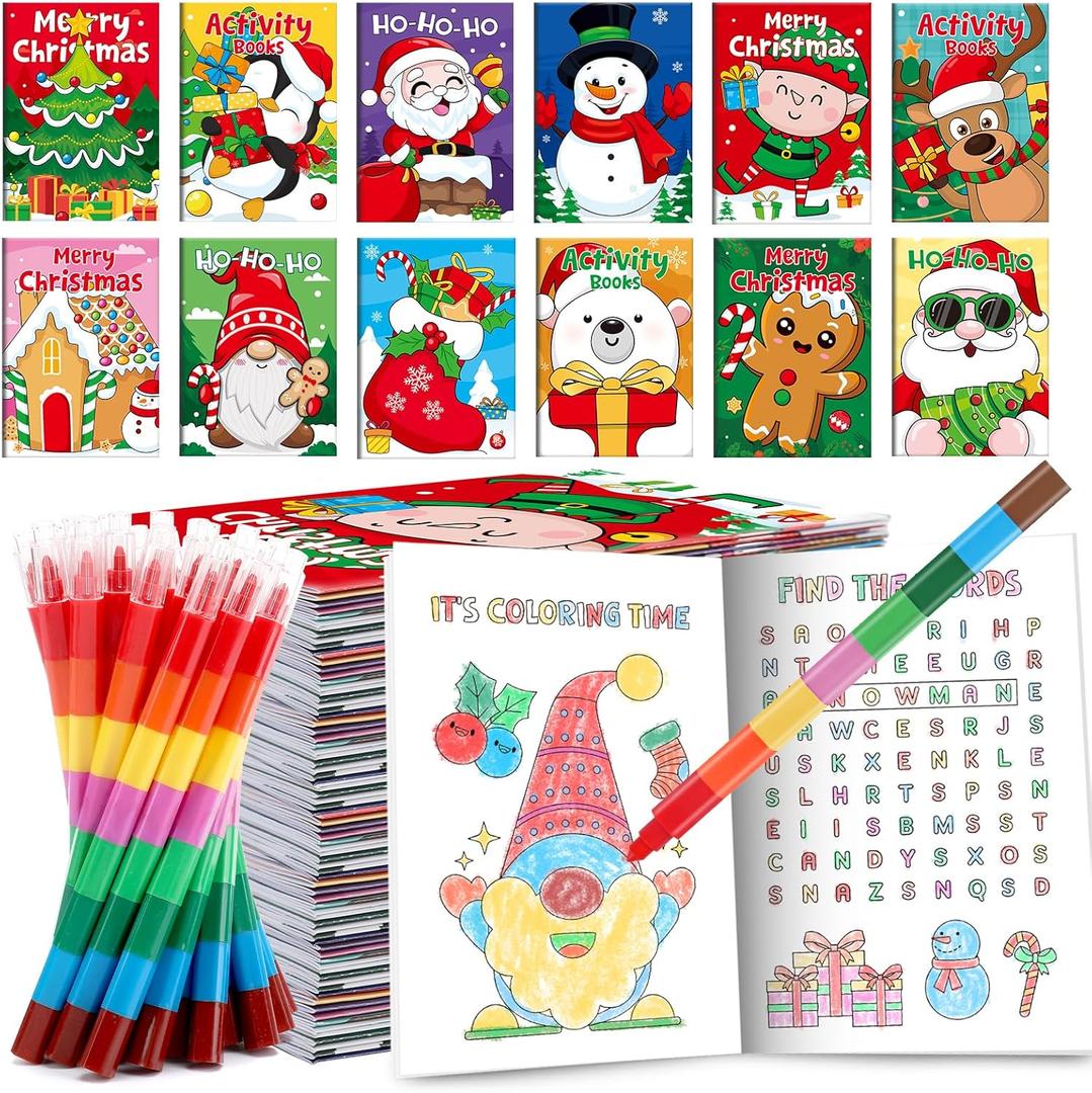 BenLouis 12 Christmas Mini Activity Books with 12 Crayons for Kids ages 4-8-16 Xmas Party Favors Bulk Different Brain Game for Classroom Travel Craft Activities Holiday Goodie Bag Gift Stuffer
