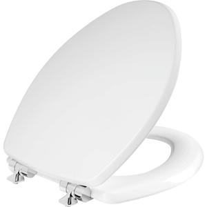 Mayfair Bennett Toilet Seat with Chrome Hinges, Slow Close Wood Seat, Secure Metal Hinges, Easy Install, Made in USA, Elongated, White