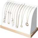 Cambered Necklace Display Stand with Leather Soft Mat Wood Jewelry Organizer Tabletop Display Holder for Necklaces, Choker Pendant (White)
