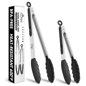 HOTEC Premium Stainless Steel Locking Kitchen Tongs with Silicon Tips, Set of 2-9" and 12"