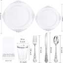 YOUBET 700PCS Silver Plastic Plates - White and Silver Disposable Plates - Silvery Plastic Dinnerware Set - Include 200 Plates, 300 Heavy Duty Silverware, 100 Cups and 100 Napkins for Wedding & Party