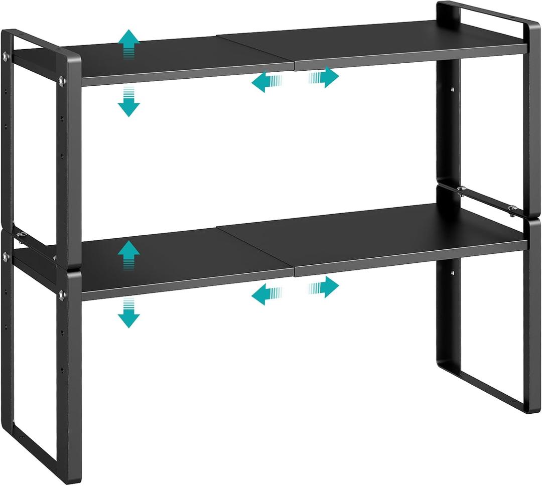 2 Pack Expandable Cabinet Organizer Shelves, 88lbs High Weight Capacity, Stackable Heavy-Duty Metal Storage Rack, Adjustable Cabinet Shelf for Kitchen, Pantry, Cupboard, Under Sink, Black