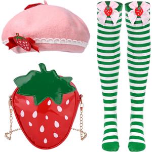 3 Pcs Halloween Strawberry Cake Costume Sweety Berry Accessories Bonnet Hat Thigh High Socks Bag for Women Halloween Cosplay Party Dress Up