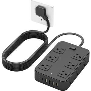 Flat Plug Power Strip Surge Protector with 12 AC Outlets 6 USB Ports 3 Side Multi Plug Outlet Extender 10 Ft Extension Cord for Home Office Kitchen Dorm Wall Desk Charging Station ETL Listed