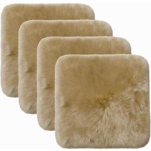 Square Fur 4 Pack Sheepskin Chair Pad Fur Seat Cover Soft Comfortable Application Car Seat Conference Room Office Chair Living Room Sofa Dining Chair Cushions(18x18 Inch, Khaki Brown)