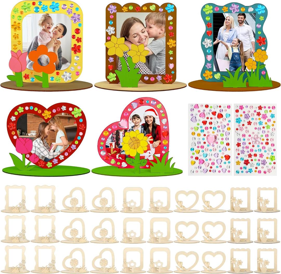 J6&H6 30 Pcs Mothers Day Crafts Wooden Flower Photo Frame DIY Craft Kit, Mothers Day Crafts Bulk with 5 Styles Colored Diamond Stickers for Class Activitie Handmade Gifts (Flower Photo Frame)