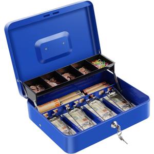 Cash Box with Lock Key and Money Tray - Large Money Box for Cash Register, Metal Lock Box for Money Safe 11.8" x 9.4" x 3.54" Blue