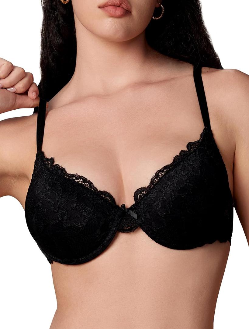 Women Lace Push Up Bra Underwire Padded Demi Lift Up Bras 34B Black