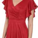 Women's Cocktail Dress Wrap V Neck Ruffle Short Sleeve A Line Work Formal Wedding Guest Midi Dress with Pockets (Red, S)