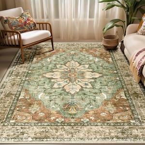RELEANY Area Rugs 5'x7' Washable Non-Slip, Floral Vintage Distress Medallion Carpet for Living Room Bedroom Dining Room, Terracotta Burnt Orange Green