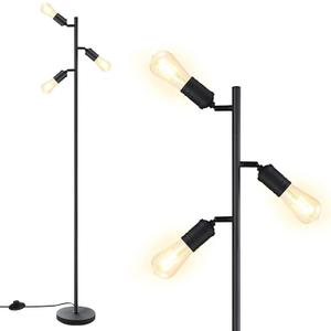 Industrial Standing Lamp with 3 Adjustable Rotating Lights - Tree Floor Lamp for Living Room, Bedroom, Home, Office (E26 Edison Bulb, Black)