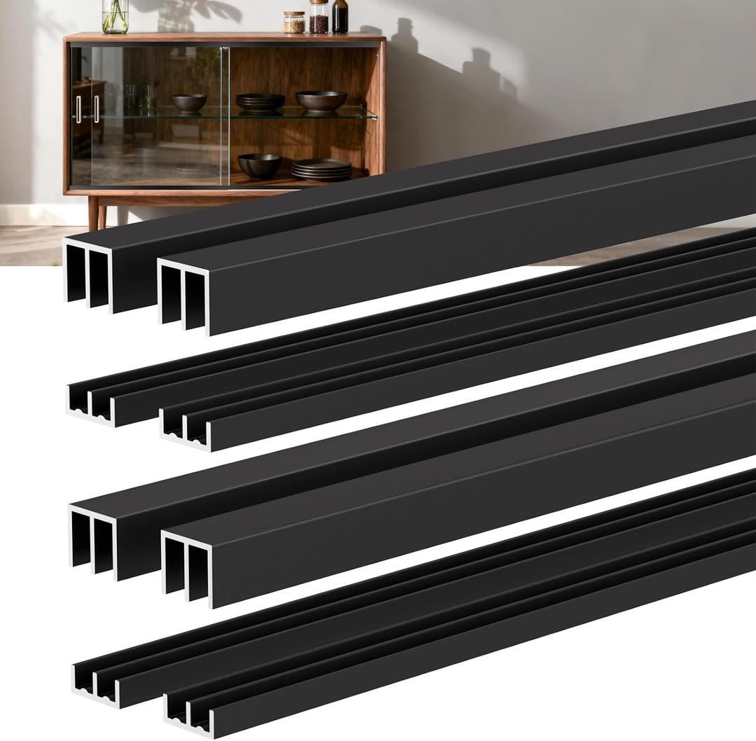 4 Sets 4FT Aluminum Sliding Door Track for 1/8" Thick Panels Closet Glass Doors Pet Cabinet Door Hardware Window Sliding Track System (Black)