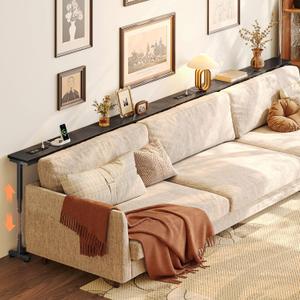 Huuger 110.2 Inch Behind Couch Table with Power Outlets, 23.9-34.4 Height Adjustable Range, Sofa Tables Narrow Long with USB-C Ports, Extra-Long Skinny Console Table, for Small Spaces, Black