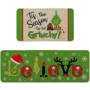 Christmas Kitchen Rugs and Mats Set of 2, Christmas Indoor Floor Mats Non-Slip Kitchen Mat Door Mat Runner Rug for Kitchen Home Christmas Decor 17" x 47"+17" x 29"