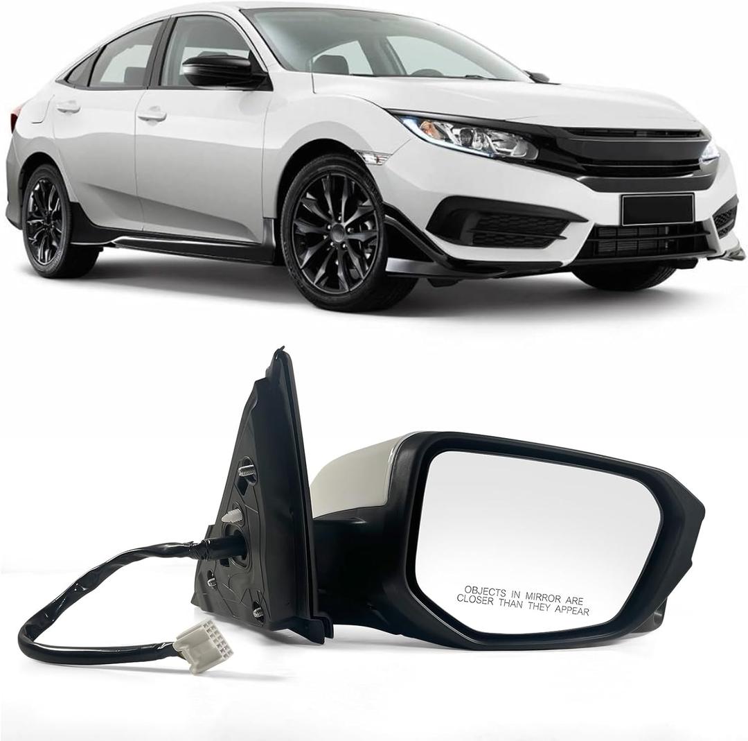 Passenger Side Door Mirror Compatible with 2016-2021 Honda Civic Sedan/coupe/hatchback Lx/Ex/Sport with Power Heated and Camera Match to Taffeta White Replace 76208-TBC-A02ZA