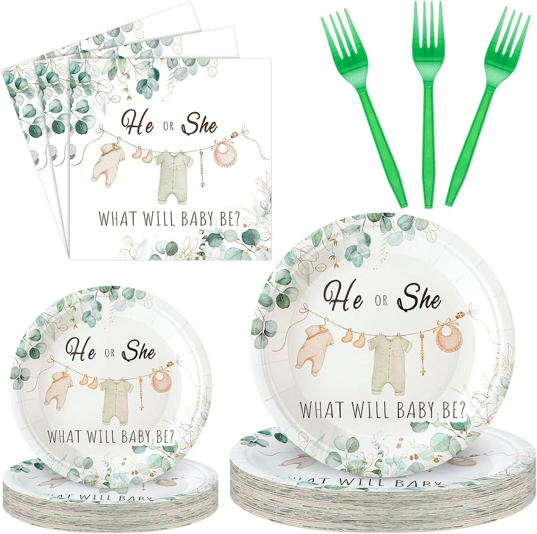 Sunnyray 96 Pcs Greenery Gender Reveal Plates Napkins Gender Reveal Baby Shower Party Supplies Baby Shower Paper Tableware Set Dessert Plates Napkins Forks for 24 Guests