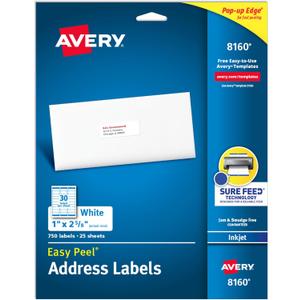 Avery Easy Peel Printable Address Labels with Sure Feed, 1" x 2-5/8" Customizable Stickers, White, 750 Blank Mailing Labels, Great for Mailing, Shipping, and More (8160)