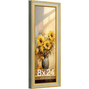8x24 Picture Frame, HD Real Glass Ornate Vintage 8x24 Photo Frame, 8 by 24 Poster Frame with Gold Green Texture Border Horizontal & Vertical Display for Tabletop or Wall Decor (1 Pack)