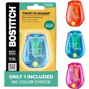 Bostitch Office Pencil Sharpener, Manual, One Assorted Color, Twist-n-Sharp, Kids, Boys, Girls, Colored Pencils, 1 Pack