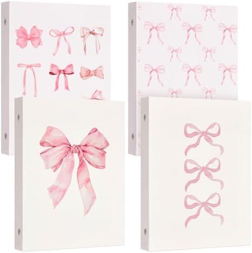 ReliThick 4 Pcs Cute Bow 3 Ring Binder, 1 Inch Round Ring with Interior Pockets, Decorative Cute Binders, Clipboard Binder, Coquette School Supplies for School Office(Mini Size,Pink)