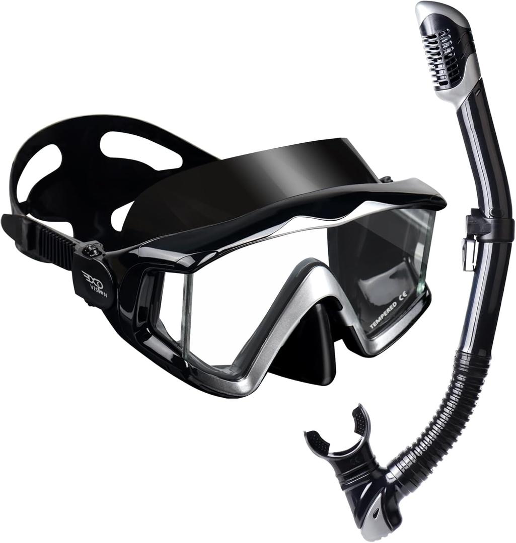 Adult Pano 3 Scuba Diving Mask, Tempered Glass Snorkel Mask Anti-Fog Swim Mask No Leakage Swim Goggles with Nose Cover Snorkeling Gear for Snorkeling, Freediving, Swimming (Black Set)