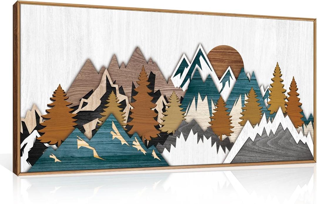 Vintage Woodcut Style Mountain Framed Canvas Wall Art Set,Boho Rustic Sunrise Forest Nature Wall Decor,Modern Country Wilderness Artwork for Living Room,Bedroom,Farmhouse -20"x40"