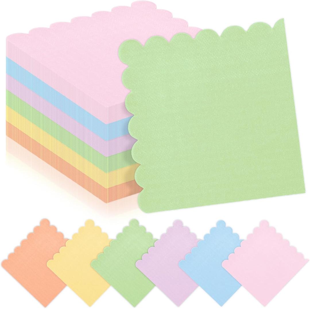 Whaline 300Pcs Pastel Rainbow Cocktail Napkin Macaron Color Scalloped Paper Napkin 6 Colors Disposable Party Dinner Napkin for Wedding Baby Shower Birthday Party Supplies Table Decor