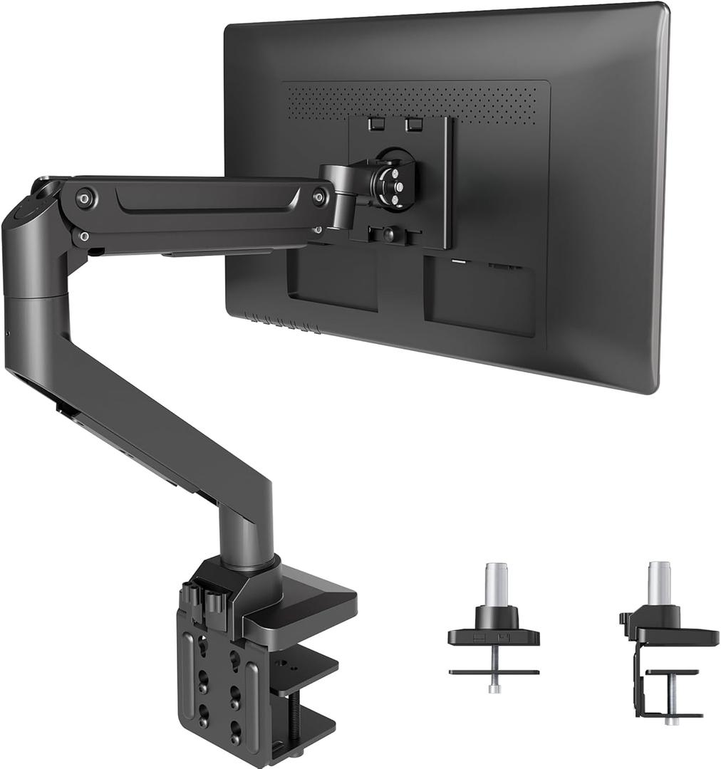 Claiks Single Monitor Mount for Max 49 inch Screens Stand up to Max 44 lbs, Ergonomic Gas Spring Heavy-Duty Adjustable Monitor Arm, with Clamp and Grommet Base, VESA Mounting Holes 75&100mm, Black