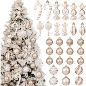 Soulchen 30 Pcs Champagne Christmas Decor Set Champagne Christmas Balls Candy Cane Lollipop Decorations Assorted Plastic Xmas Tree Hanging Ornaments for Home Xmas Holiday Party Decors