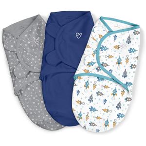 SwaddleMe by Ingenuity Original Swaddle, 100% Cotton, Improves Sleep & Calms Startle Reflex, 3-6 Months, 1.0 TOG, 3-Pack, Baby Swaddle Blanket - Superstar (Blue/Gray/White)