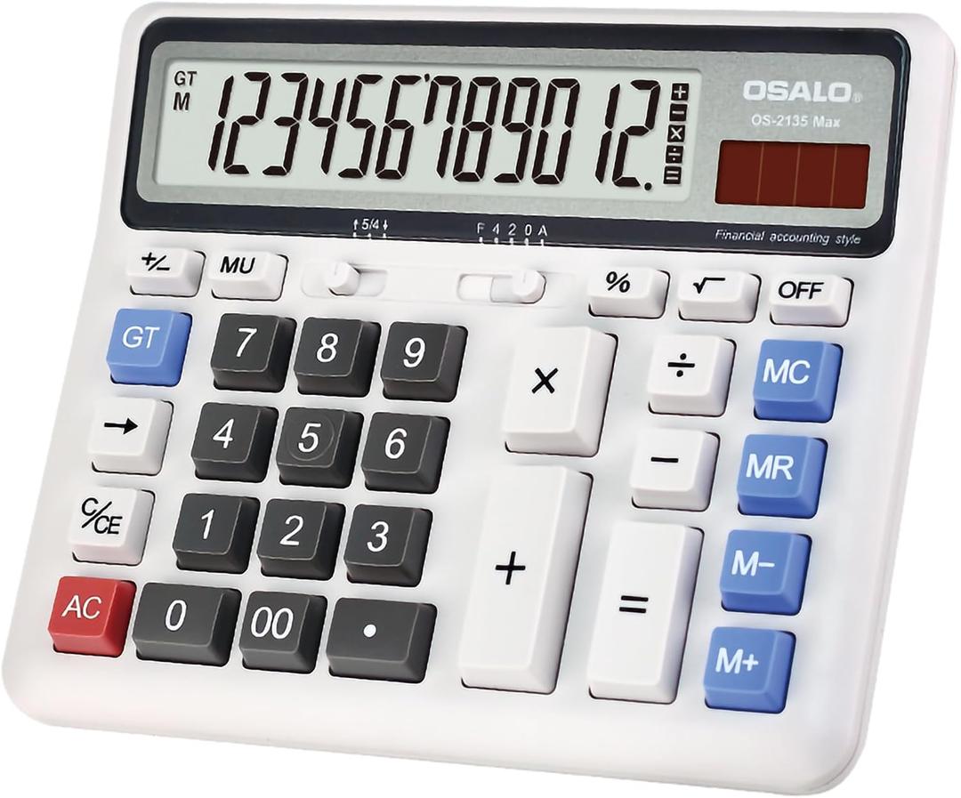 Desktop Calculator Extra Large LCD Display 12-Digit Big Number Accounting Calculator with Giant Response Button, Battery & Solar Powered, Perfect for Office Business Home Daily Use(OS-2135) OS-2135 Pro, X-Large