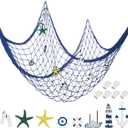 Decorative Fishnet Nautical Fishing Net Wall Hanging Decor, 8 Pieces Starfish, Sailboat, Lighthouse, Life Ring, Rudder, with Transparent Hook for Mermaid Mediterranean Party (Blue)
