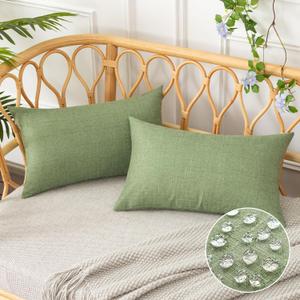 UGASA Outdoor Throw Pillow Covers Pack of 2 Plaid Texture Waterproof Farmhouse Linen Decorative Lumbar Cushion Pillows Covers for Patio Porch Outside Yard Garden Bench 12x20 Inch, Sage Green