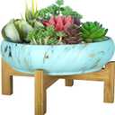 ARTKETTY Succulent Pots - 10 Inch Large Bonsai Pots with Drainage Stand, Ceramic Planters for Indoor Plants, Round Marble Cactus Flower Plant Container Bowl (Lake Blue)