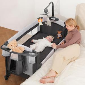 ELEMARA 4 in 1 Baby Bassinet Bedside Crib with Diaper Changer, Mattress, 1-Second Set up Bedside Bassinet with 3 Adjustable Height, Portable Crib with Storage/Toy Bar/Zip Door