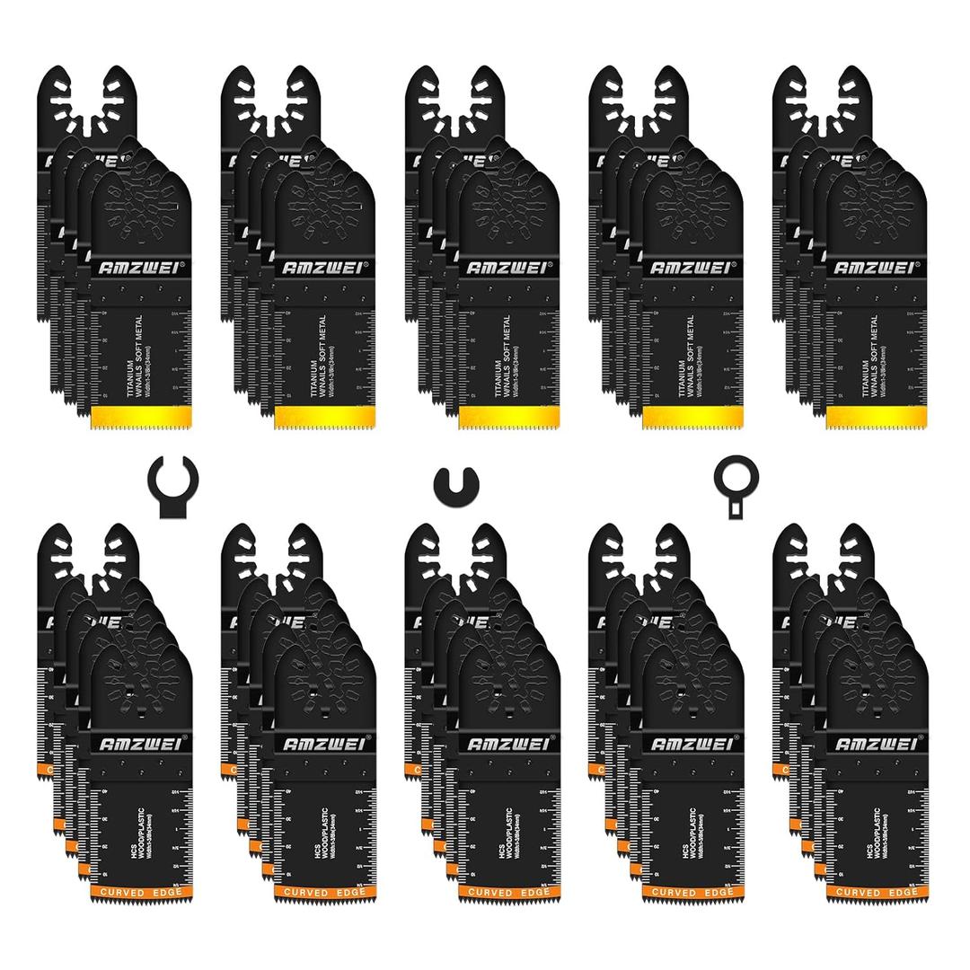 50PCS Multi Tool Blade Kits, Professional Titanium Oscillating Tool Blades for Metal, Wood, Plastic, Curved Edge Oscillating Saw Blades Compatible with Dewalt Milwaukee Ryobi Rockwell Fein