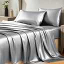 CozyLux Satin Sheets Cal King Sheet Set - 4 Piece Silky California King Sheets, Luxury Light Grey Bed Sheet Set with Smooth and Soft Microfiber, Includes 1 Fitted Sheet, 1 Flat Sheet and 2 Pillowcases