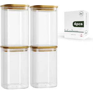 LIBWYS 4-Pack Glass Pantry Storage Containers with Bamboo Lids1.22Qt - Stackable Square Food Jars for Pantry Organization, Coffee, Flour, Snacks, Tea | Kitchen Canisters Set
