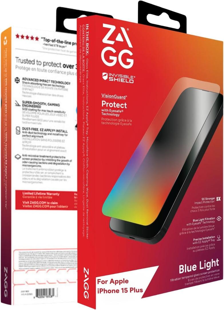 ZAGG InvisibleShield VisionGuard Screen Protector for iPhone 15 Plus/iPhone 16 Plus  Tempered Glass, 5X Stronger, Blue Light Filter, Ultra HD Clarity, Anti-Scratch, Bubble-Free