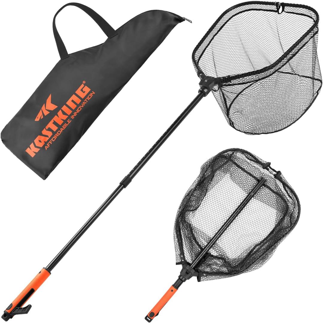 KastKing Brutus Folding Landing Net with Boat Hook, Foldable, Extendable, Lightweight & Strong, Multi-Functional Built-in Boat Hook, Non-Slip & Bright Orange TPR Handle, Two Nets Options, Large