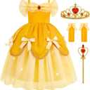 Aolliya Princess Dress for Girls Yellow Off Shoulder Princess Princess Dress Up for Halloween Carnival Cosplay Party (6-7/130)