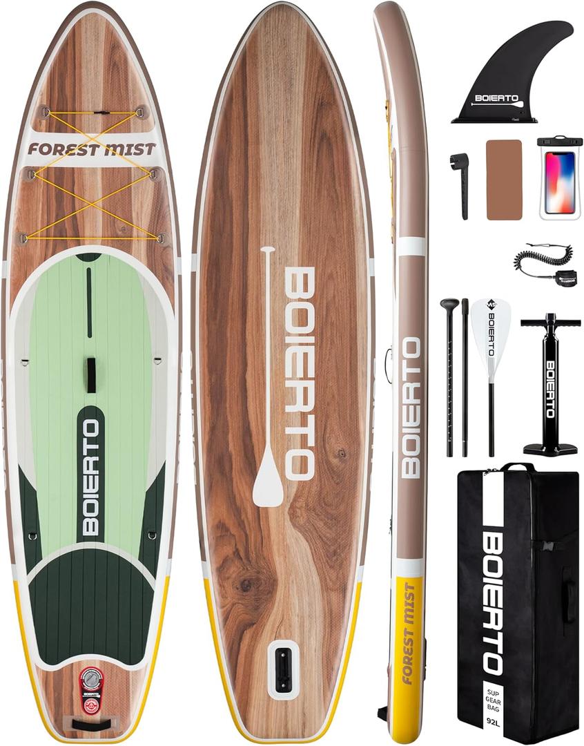 Inflatable Stand Up Paddle Board 10'8*34"/11'*33" Extra Wide Paddle Boards for Adults, SUP with Premium Accessories & Nylon Backpack, Adjustable Paddle, Hand Pump, Bottom Fin, Leash, Light Wood 