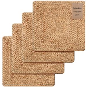 Jute Braided Placemats Set of 4-100% Jute Nonslip 14x14 inch Square Farmhouse Vintage Placemats for Dining Table - Perfect for Indoor Outdoor Natural Jute Placemats