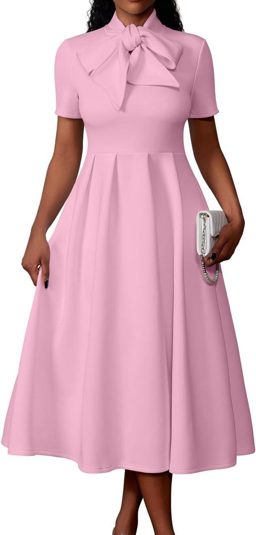 Memoriesea Women's Elegant Casual Short Sleeve Work Party A-Line Dress with Pockets Large