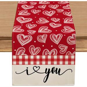3 x Valentine Buffalo Grid I Love You Wedding Anniversary Table Runner 13x36 Inch , Red Polka Dot Heart Dinning Kitchen Table Decoration for Home Party Indoor Outdoor